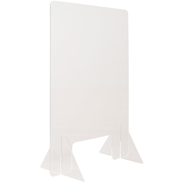 A clear plastic countertop shield with two legs.
