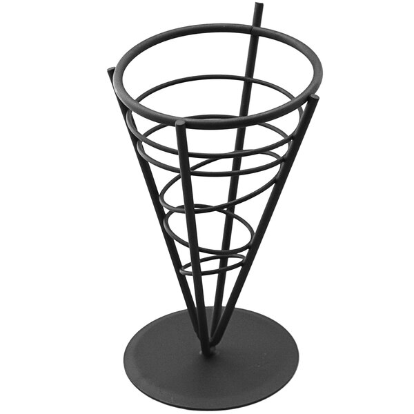 An American Metalcraft black wrought iron wire fry basket with a spiral design.