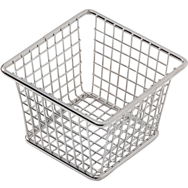 An American Metalcraft stainless steel square mini fry basket with a wire handle.