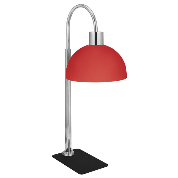 An Eastern Tabletop red stainless steel freestanding heat lamp with a metal pole.