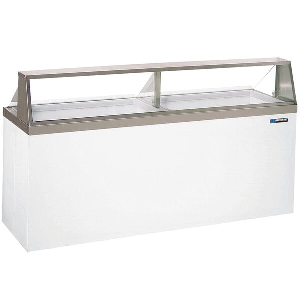 A white Master-Bilt ice cream dipping cabinet with a glass top.