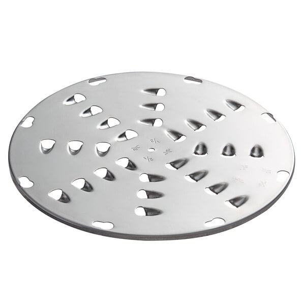A stainless steel circular disc with holes.