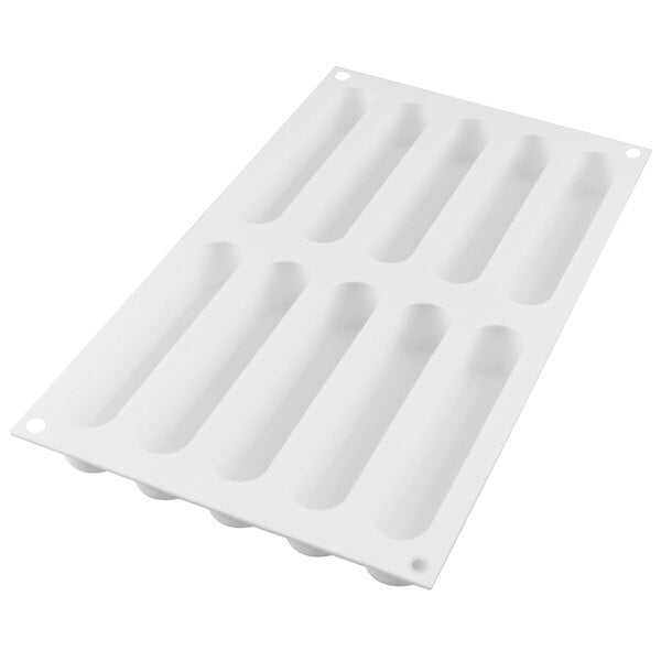 A white plastic Silikomart baking mold with 10 eclair cavities.