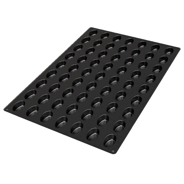 A black Silikomart baking tray with small oval cavities.