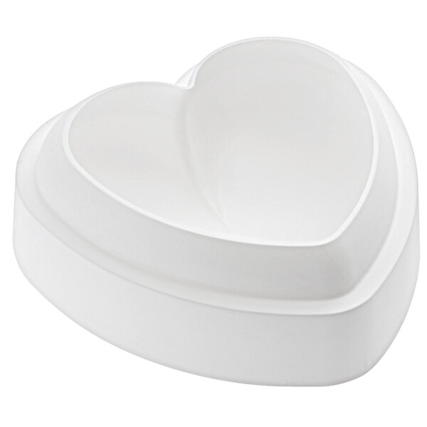 A white heart-shaped silicone baking mold with a border.