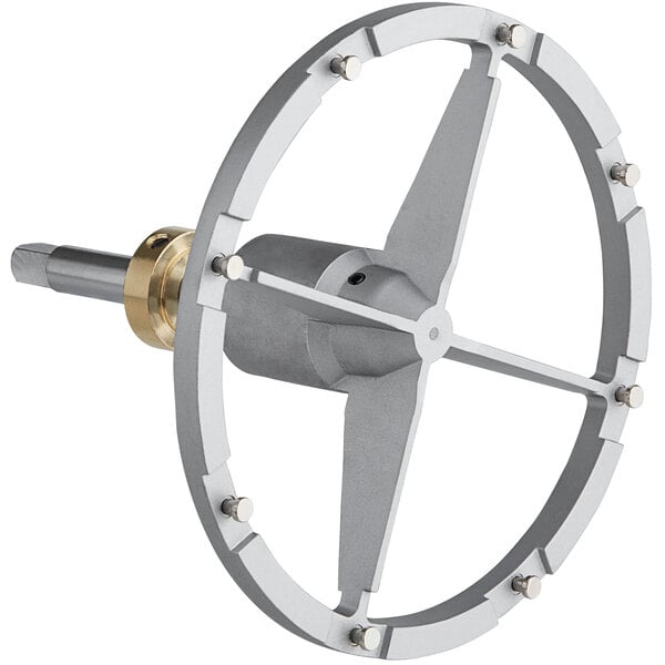 A grey metal circular frame with a metal handle and screws.
