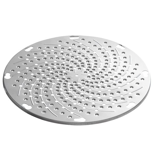 A stainless steel circular plate with holes.
