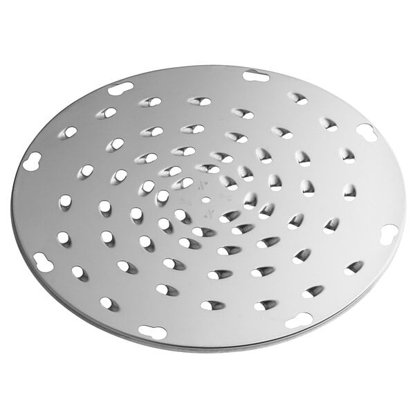 A circular metal 1/4" Shredder Plate with holes.