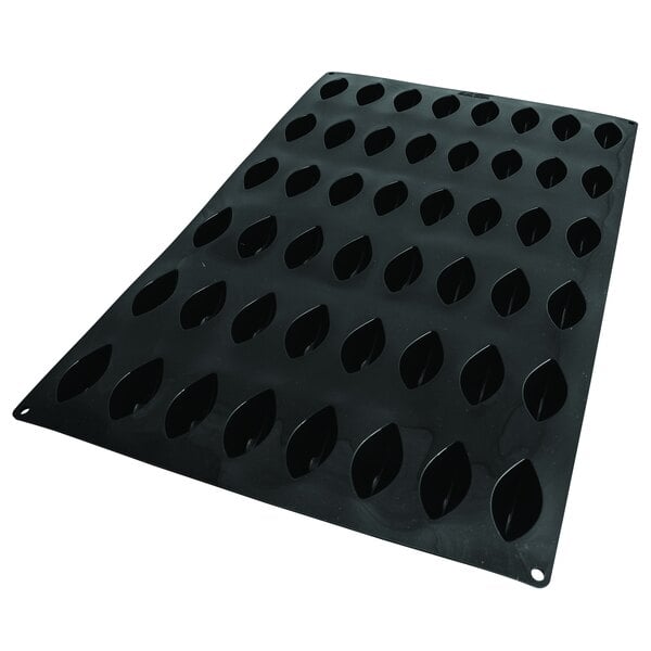 A black silicone baking mold tray with 48 quenelle-shaped cavities.