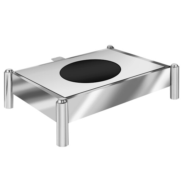 A silver rectangular stainless steel tray with a black round induction top.