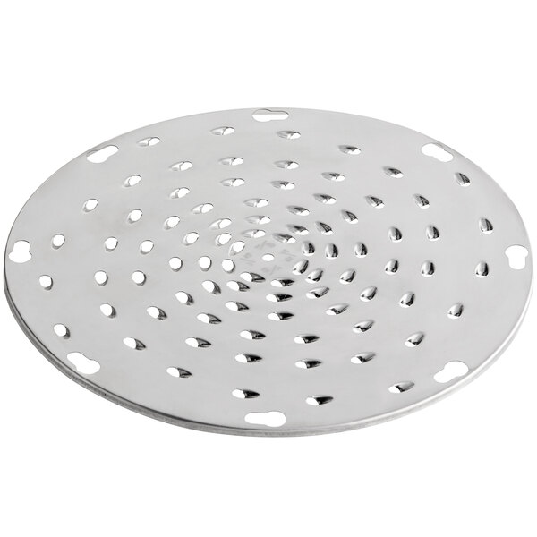 A silver circular metal Avantco shredder plate with holes in it.