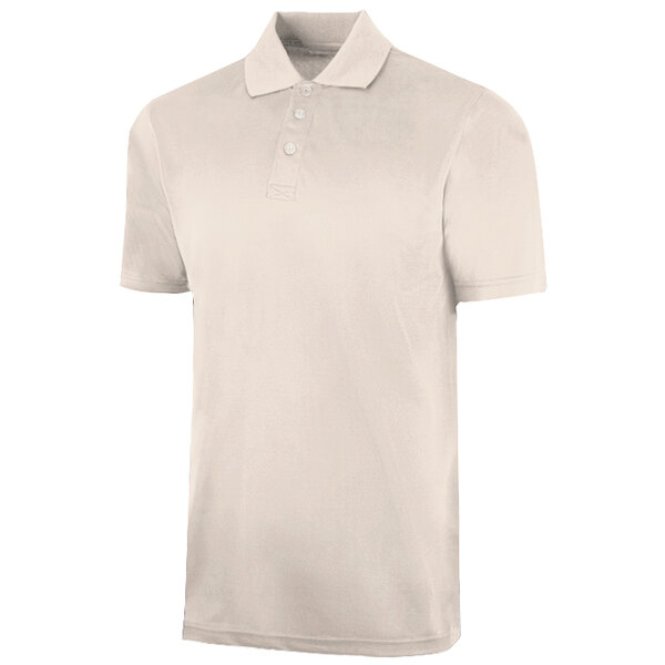 A close-up of a white Henry Segal short sleeve polo shirt with buttons and a collar.