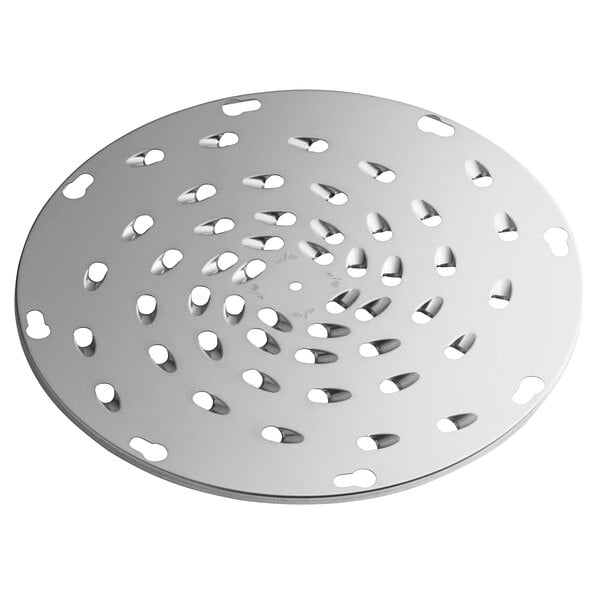 A 5/16" metal shredder plate with holes.
