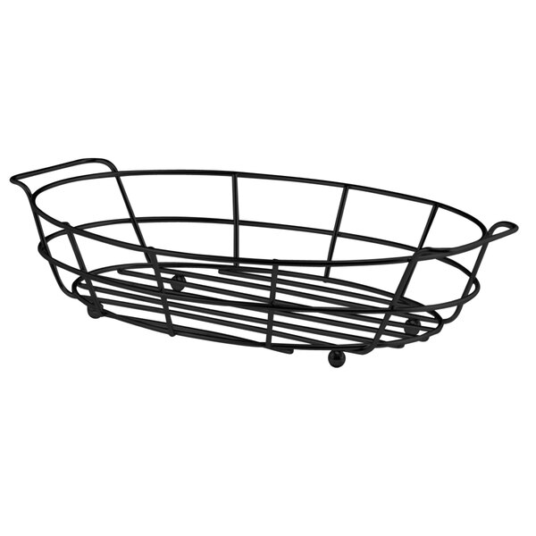A black wire Vollrath oval basket on wheels.