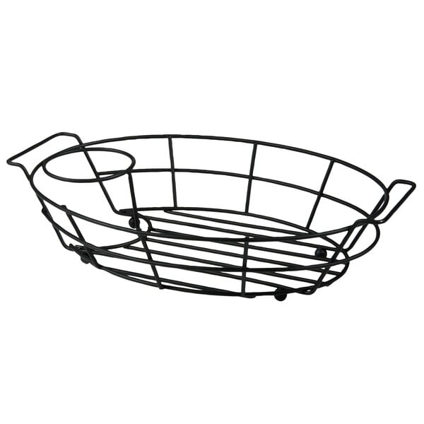 A black Vollrath oval wire basket with a handle.