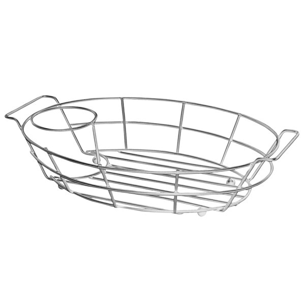 A Vollrath chrome wire basket with a handle.