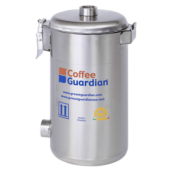 A Grease Guardian stainless steel coffee grounds removal filter with a lid.