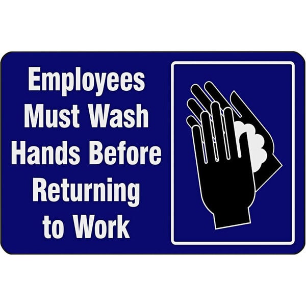 A blue floor mat with white text that says "Employees Must Wash Hands" and black hands.