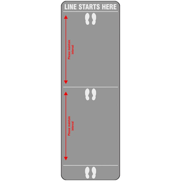 A grey rectangular Notrax Line Starts Here message mat with white text and footprints.