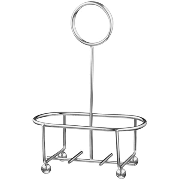 A silver metal Vollrath wire rack condiment caddy with a circular handle.