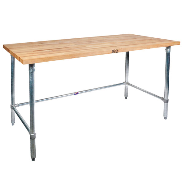 A John Boos wooden work table with a stainless steel base.