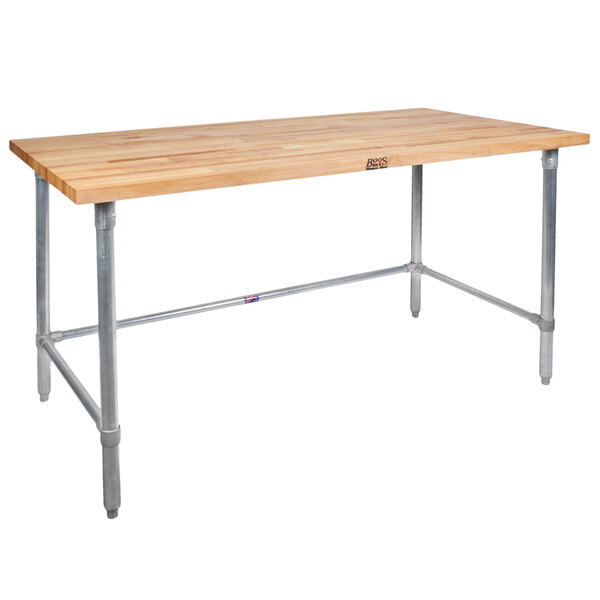 A John Boos wooden work table with a galvanized metal base.