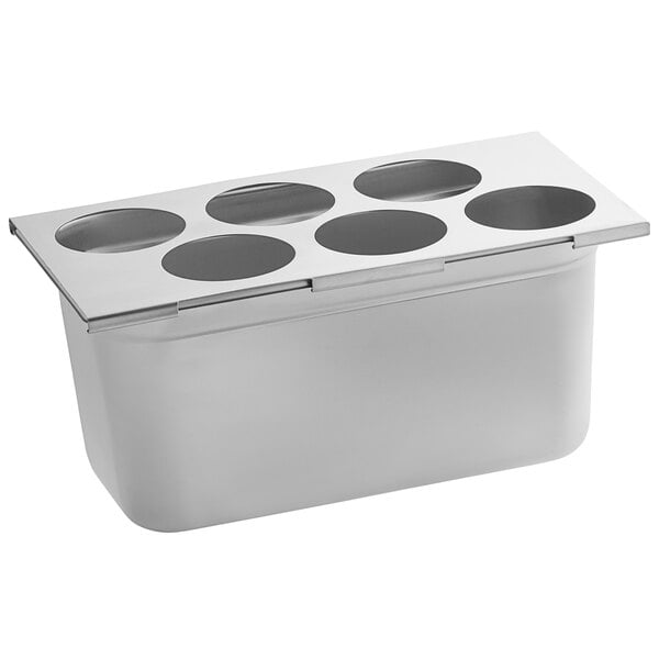A stainless steel container with six holes for squeeze bottles.