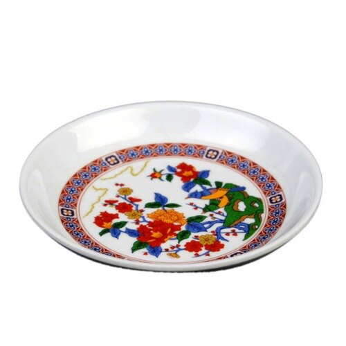 A white Thunder Group melamine sauce dish with a colorful floral design featuring flowers and birds.