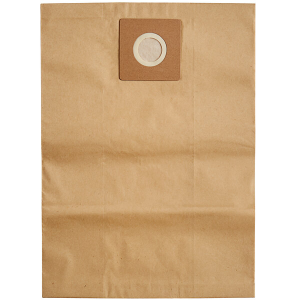 A white circle in a brown paper bag with a hole in it.