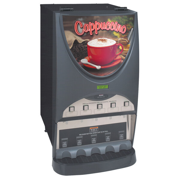 A Bunn iMIX-5S+ hot beverage system with a red cup of coffee on it.