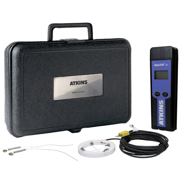 A black hard carry case with a Cooper-Atkins AquaTuff thermometer and blue and black boxes inside.
