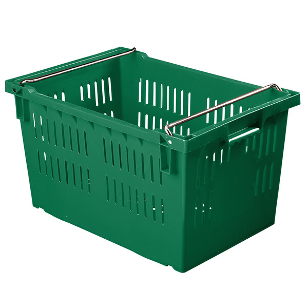 A green Orbis plastic crate with metal handles.