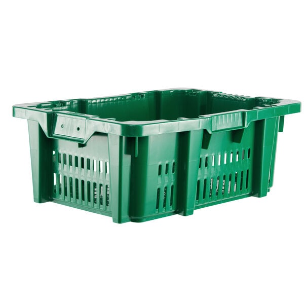 A green plastic Orbis agricultural crate with handles and holes.