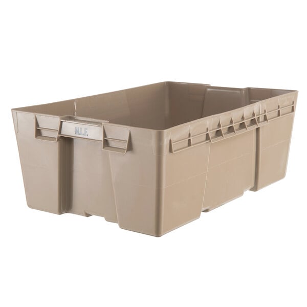 An Orbis beige plastic stack-n-nest poultry container with a lid.