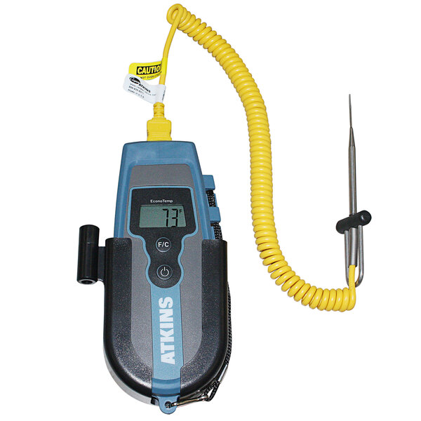 A Cooper-Atkins EconoTemp Type-K Thermocouple Thermometer with a yellow micro needle probe cable.
