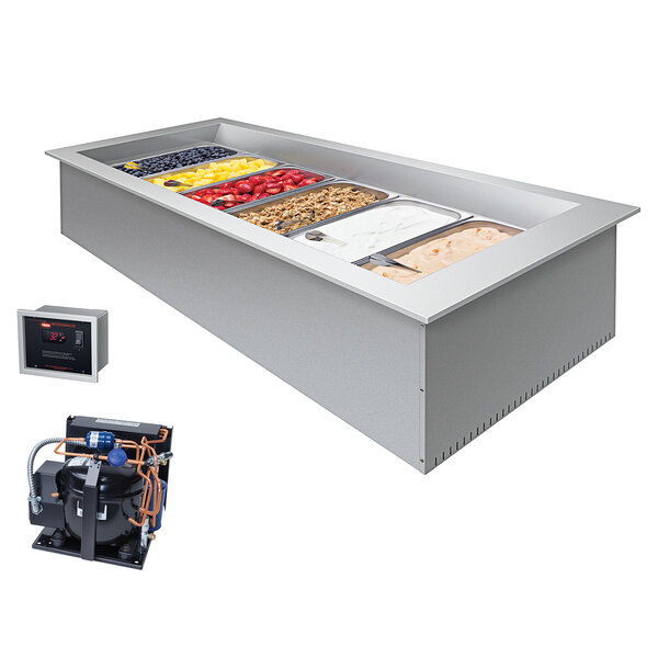 A Hatco drop-in refrigerated cold food well with a large rectangular black container inside.