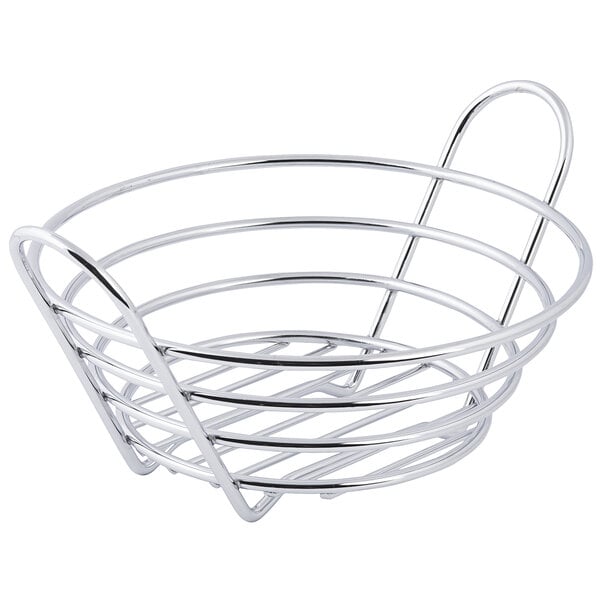 A Tablecraft Meranda Collection chrome wire basket with a handle.