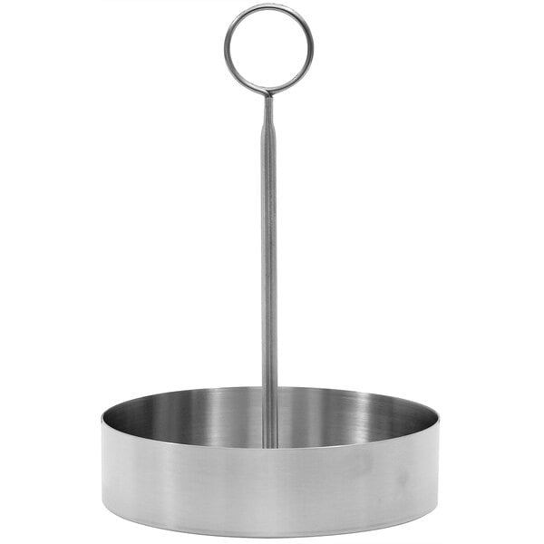 A Tablecraft stainless steel condiment caddy with a metal bowl and handle.