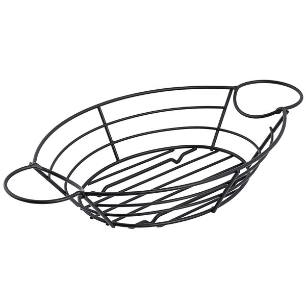 A Tablecraft black wire oval basket with ramekin holders.
