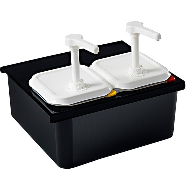 A black rectangular container with white lids and two white pumps inside.