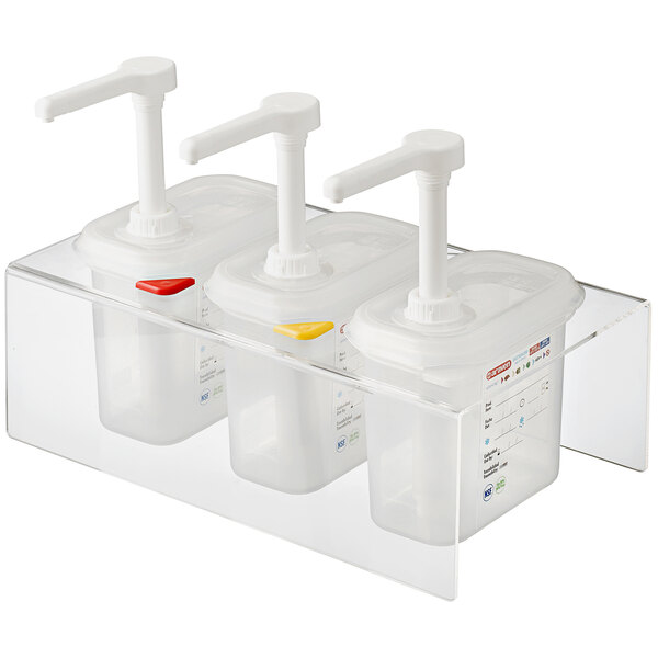 Araven translucent plastic container with three condiment pumps and airtight lids.