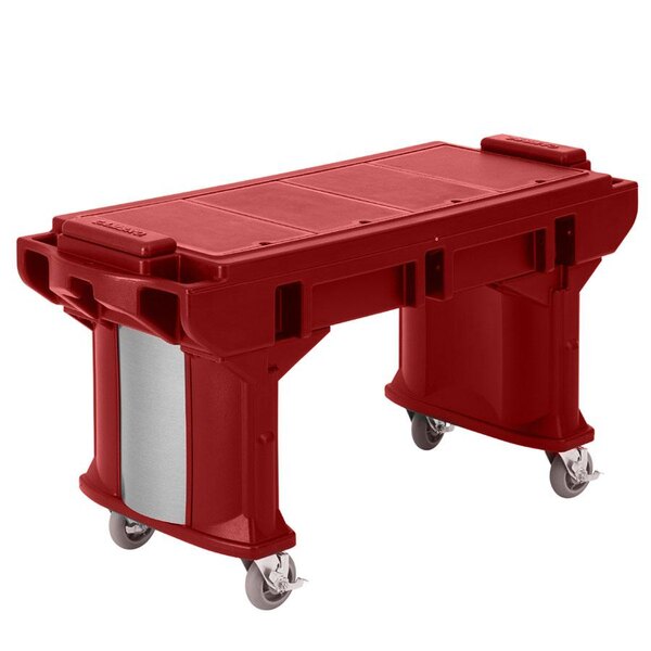 A red Cambro Versa work table on heavy duty casters.