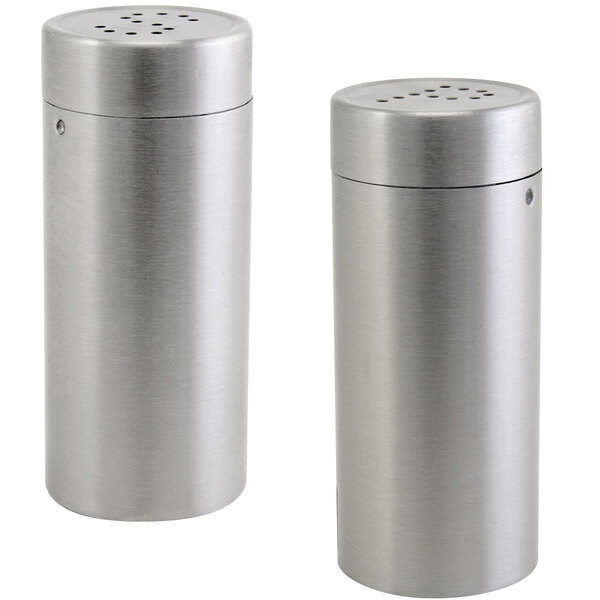 A pair of Front of the House stainless steel salt and pepper shakers.