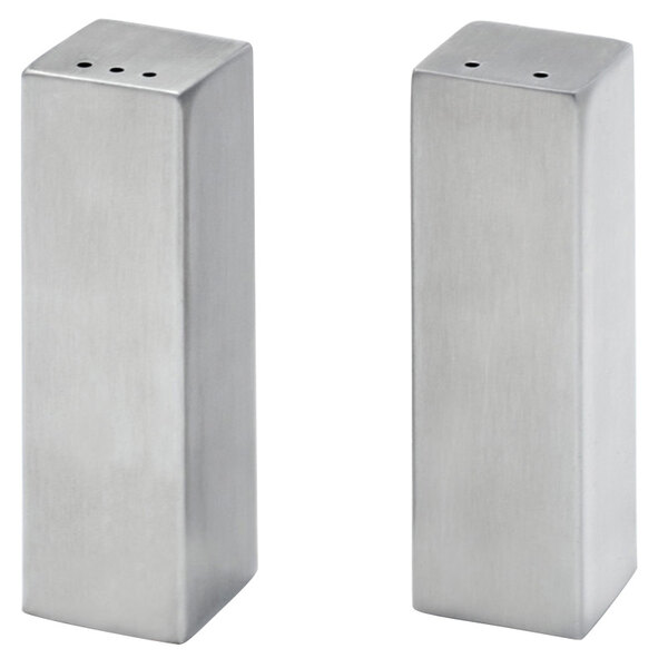 A set of six brushed stainless steel square salt and pepper shakers.