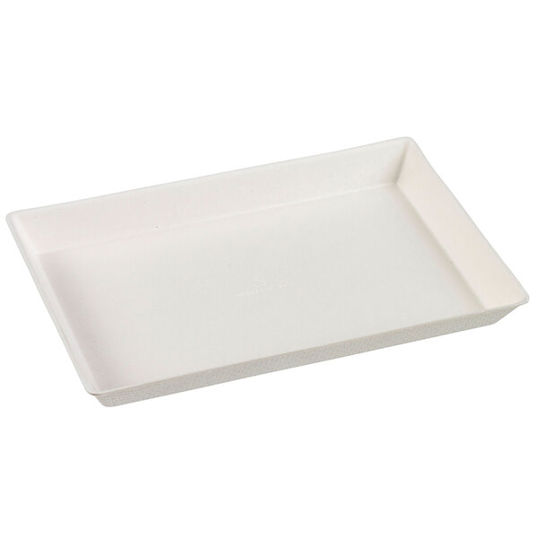 A white rectangular Solia sugarcane pulp tray with a handle.