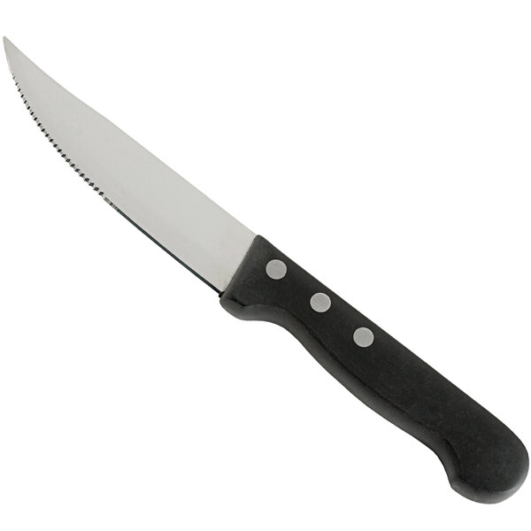 A D&V Prime Cut steak knife with a black handle and silver serrated blade.