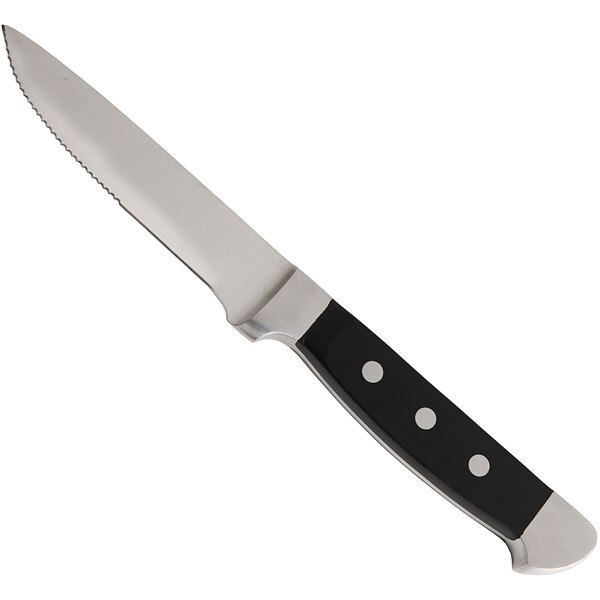 A Fortessa steak knife with a black plastic handle and full tang silver blade.