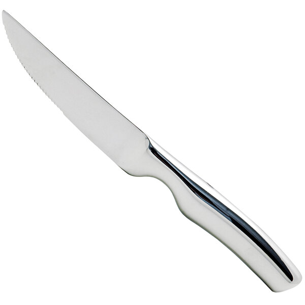 A Fortessa Prime Cut steak knife with a silver handle and serrated edge.
