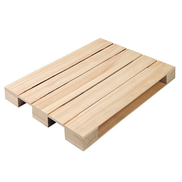 A Solia wood tray pallet holding four wood trays.