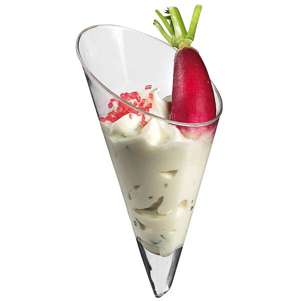 A Solia transparent mini cone filled with white and red food.